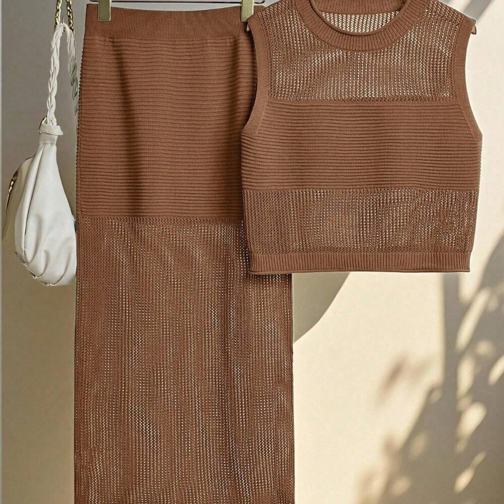 Brown Casual Women's Vacation Hollow Knitting Cardigan and Mini Skirt
